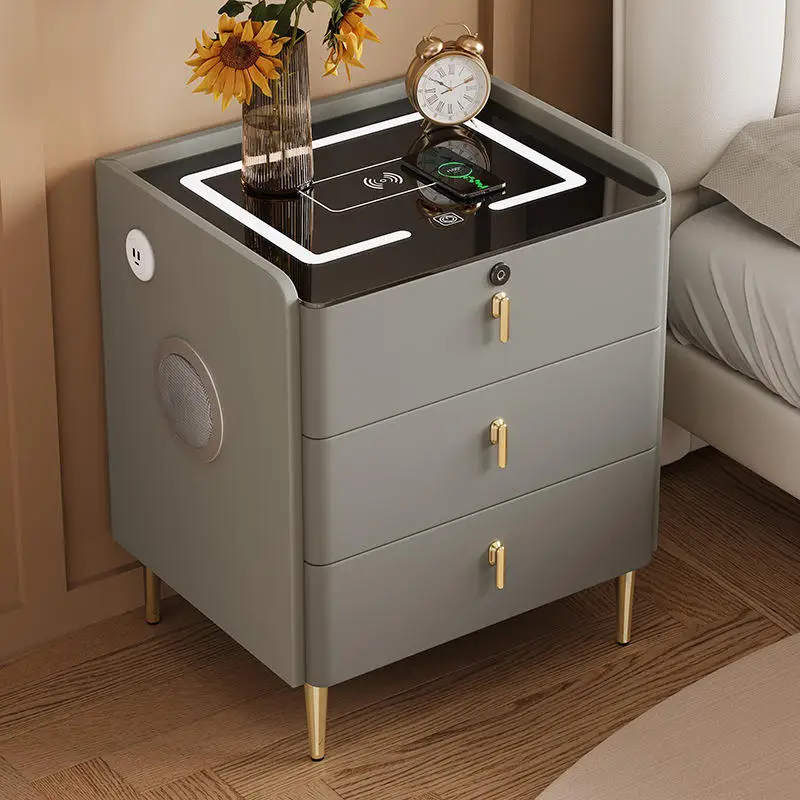 منضدة ذكية بيضاء، طاولة بجانب السرير خشبية مع وظيفة شحن لاسلكية وقفل بصمة الإصبع وخزانة بجانب السرير #3