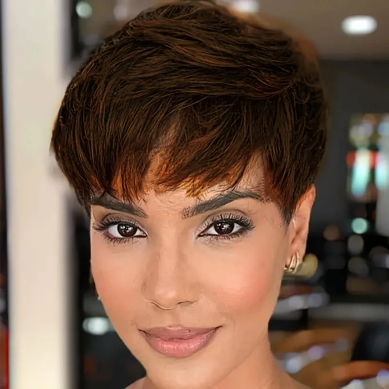 ショートストレートボブウィッグピクシーカットウィッグ人毛女性のための前髪髪フルマシンメイド