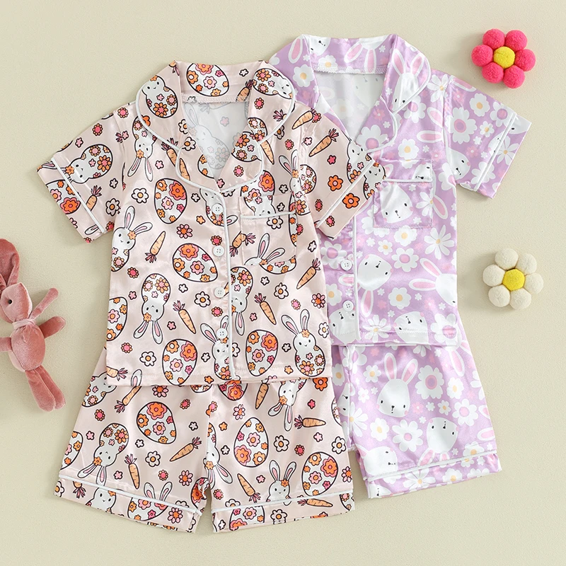 

Kids Girls Satin Pajama Set Lapel Neck Short Sleeve Rabbit Print Tops + Elastic Waist Shorts Easter 2 Piece Sleepwear Outfit