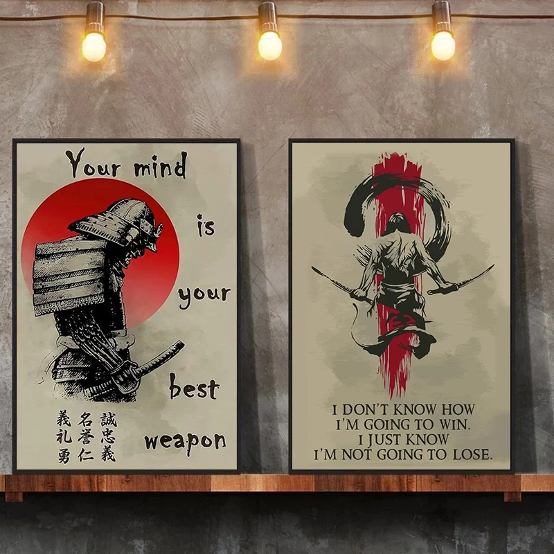 Bushido Samurai Sword Canvas Painting Quotes Vintage Posters Your Mind Is Your Best Weapon Wall Art Print Picture Room Decor