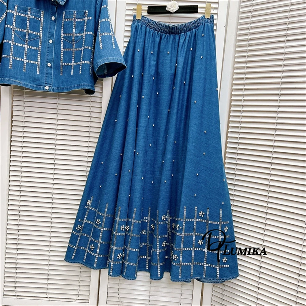 DTLumika 2025 أزياء الزي للنساء، قميص وتنورة من قماش الدنيم الأزرق مطرز مكون من قطعتين، فستان السفر على الشاطئ والخريف والربيع