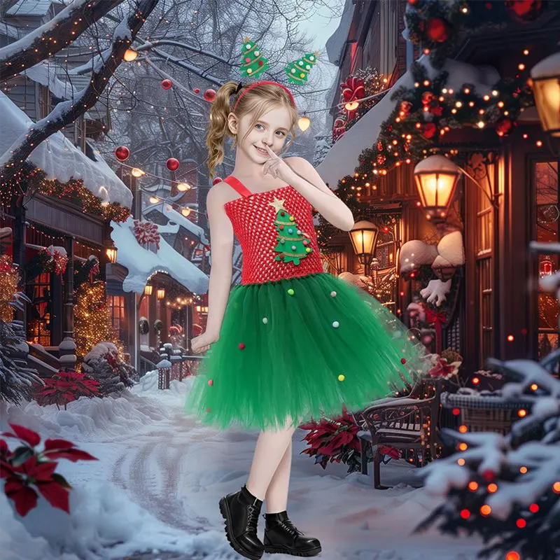 

Girls Christmas Tree Tutu Dress + Headband, Kids Xmas Costume Colorful Pom-Pom Tulle Skirt with Tree Print, Holiday Dresses