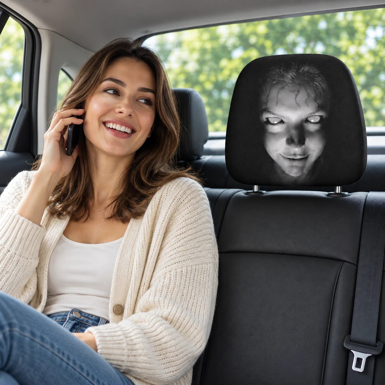 Black and White Horror Smiley Face Design Car Pillowcase Elastic Universal Horror Car Dust Cover 2PCS