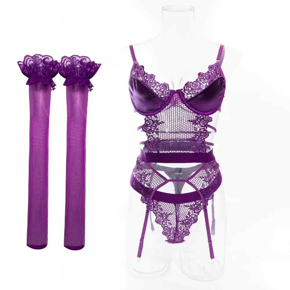 Ensemble de lingerie violet pour femmes, voir à travers, corset sexy, string, string, string, string, dentelle, sexe, sous-vêtements féminins,