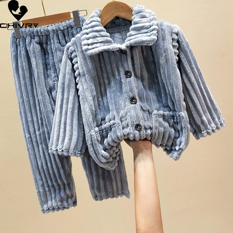 New 2022 Kids Boys Girls Autumn Winter Soft Coral Fleece Warm Pajama Sets Solid Lapel Tops with Pants Sleepwear Pyjamas Clothing