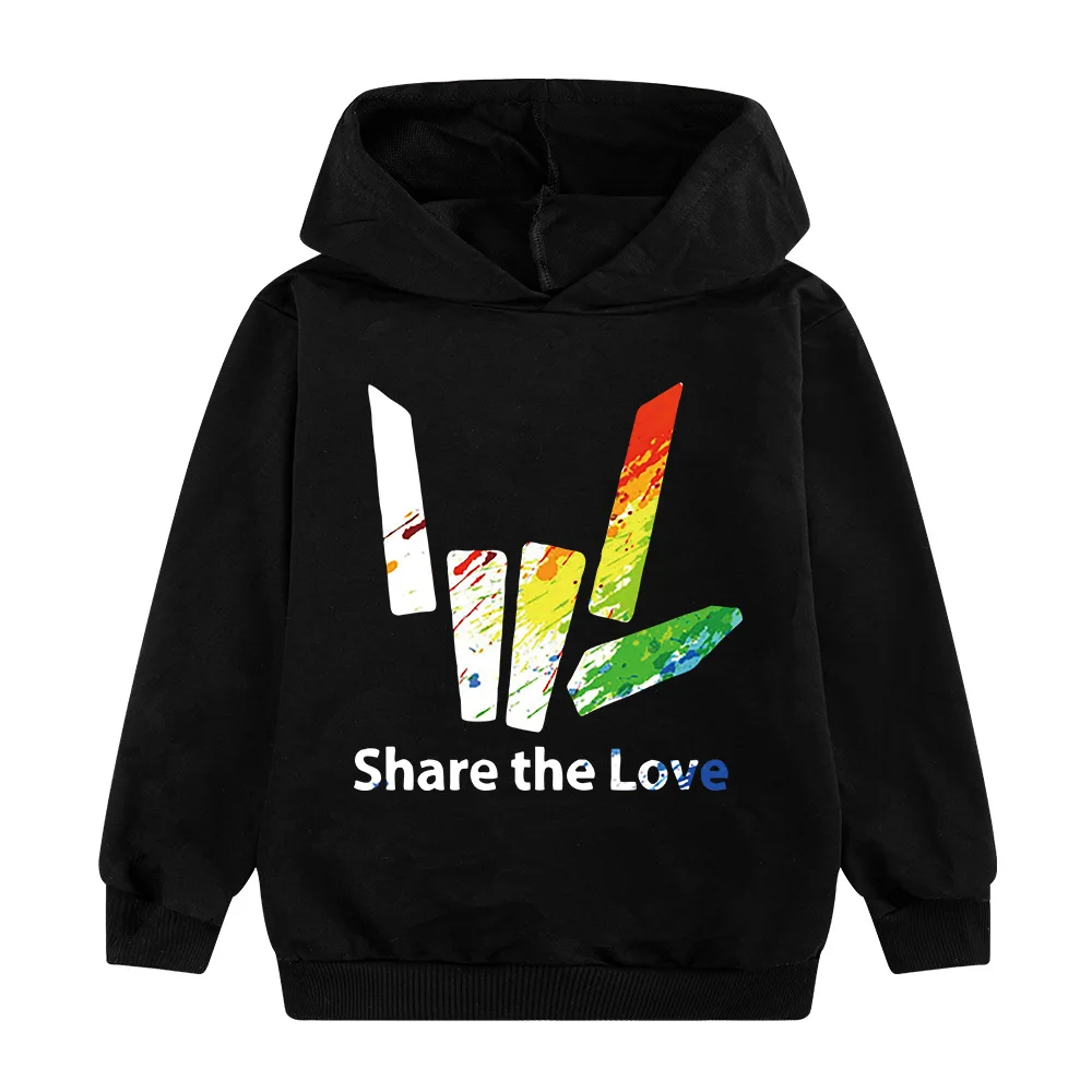 Kids Hoodie Share The Love Rainbow Hand Gesture Print Sweatshirt Boys Girls Long Sleeve Loose Casual Soft Warm Children Fashion