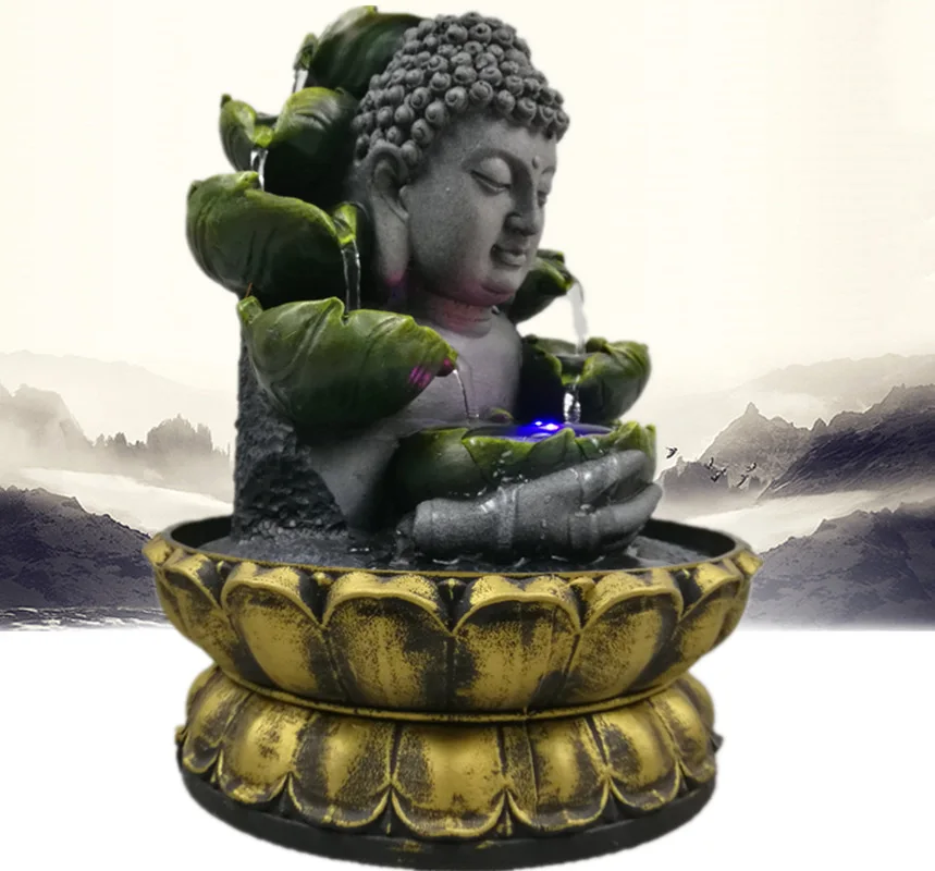 Home Decorations Resin Flowing Water Waterfall Led Fountain Buddha Statue Lucky Feng Shui Ornaments Landscape Decor - view 3