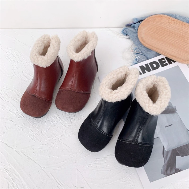 2023 Winter Snow Boots For Children PU Leather Plush Warm Wool Shoes Soft Sole Anti-slip Flat Footwear For Kids