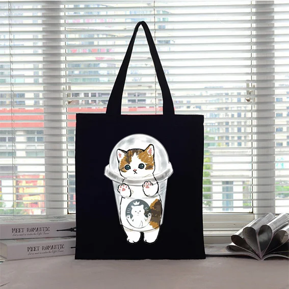 

Cute Cat Pattern Canvas Tote Bag With Adorable Cartoon Animal Food Leisure Designs Versatile Shoulder Bag For Daily Use