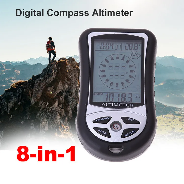 8in1 LCD Digital Altimeter Compass Barometer Thermometer Weather Forecast Time Calendar Blue Backlight Portable Hiking Hunt Tool