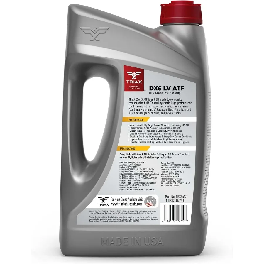 DX6 ATF — совместим с приложением Dexron VI и Mercon SP/LV — полностью синтетический, OEM-класс, низкая вязкость, заполнение для авто