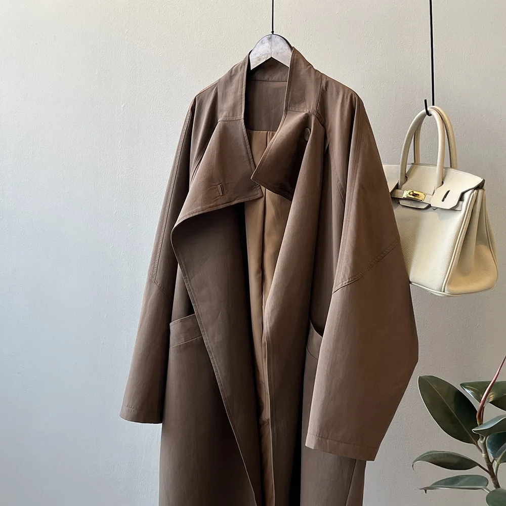 Trench coat longo com gola virada para baixo e botão único para mulheres outono casaco solto