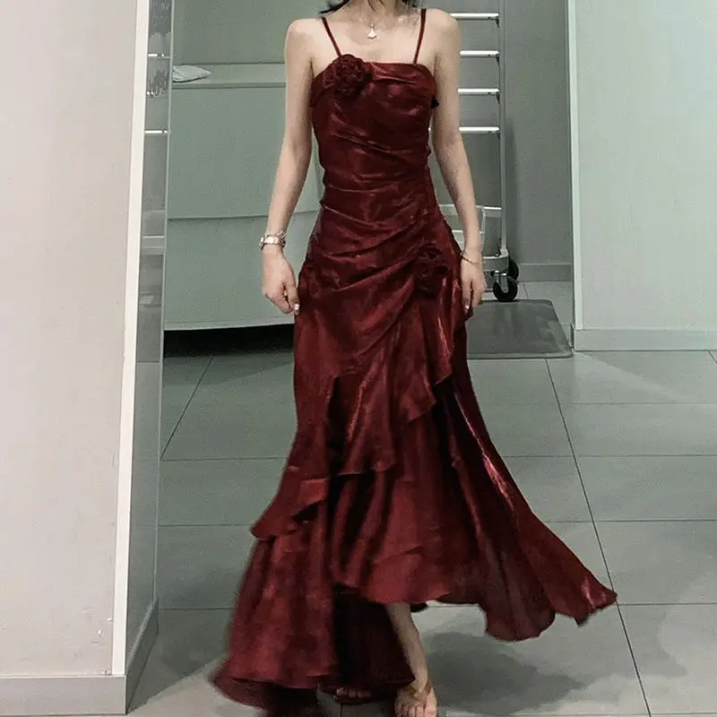 Red Rose Vintage Long Dress Women 2024 Summer Slim Mermaid Spaghetti Strap Floral Dress Female Elegant Sexy Evening Party Dress