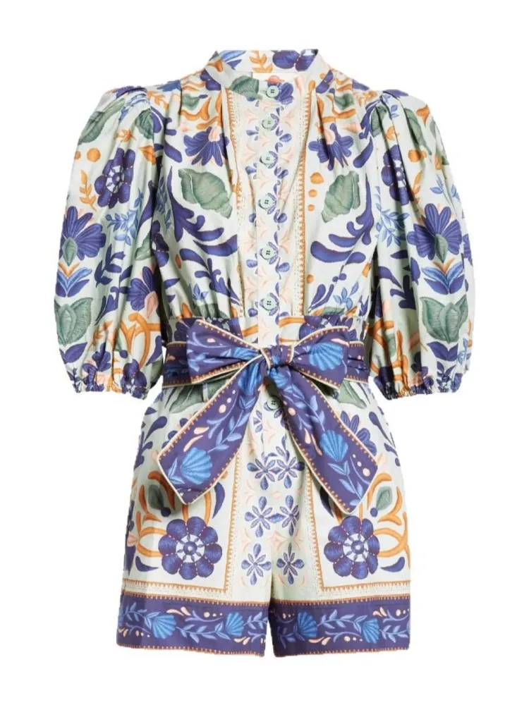 2025 Summer Fashion Jumpsuits New Women's Elegant Bohemian High Street Romper Printed Single Breasted Strap Streetwear Playsuits