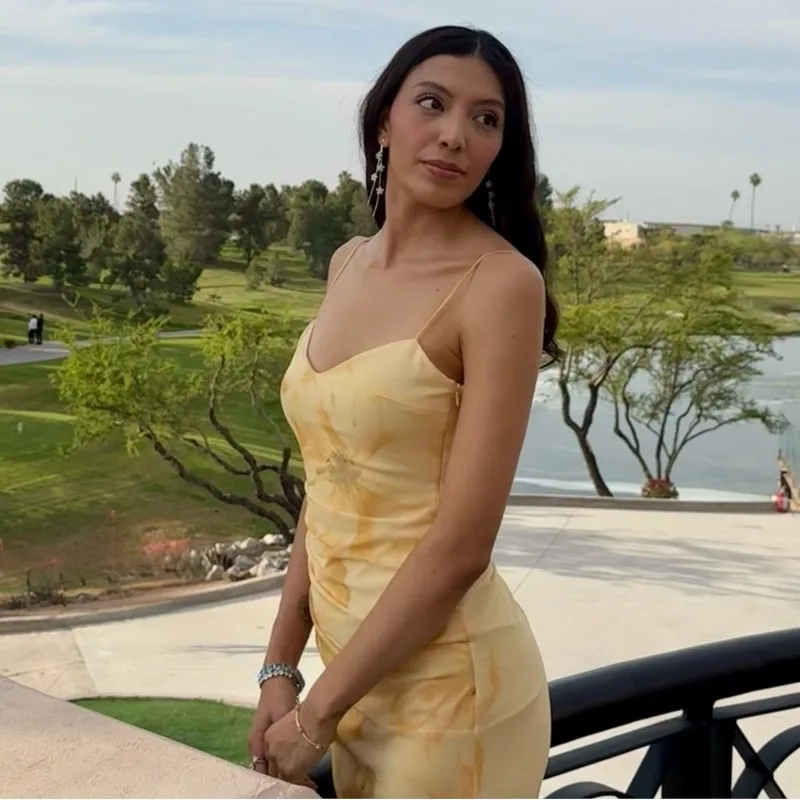 꽃 프린트 노란색 패션 롱 드레스 2025 새로운 민소매 v 넥 Tulle 슬림 섹시한 파티 드레스 휴가 해변 여성 의류