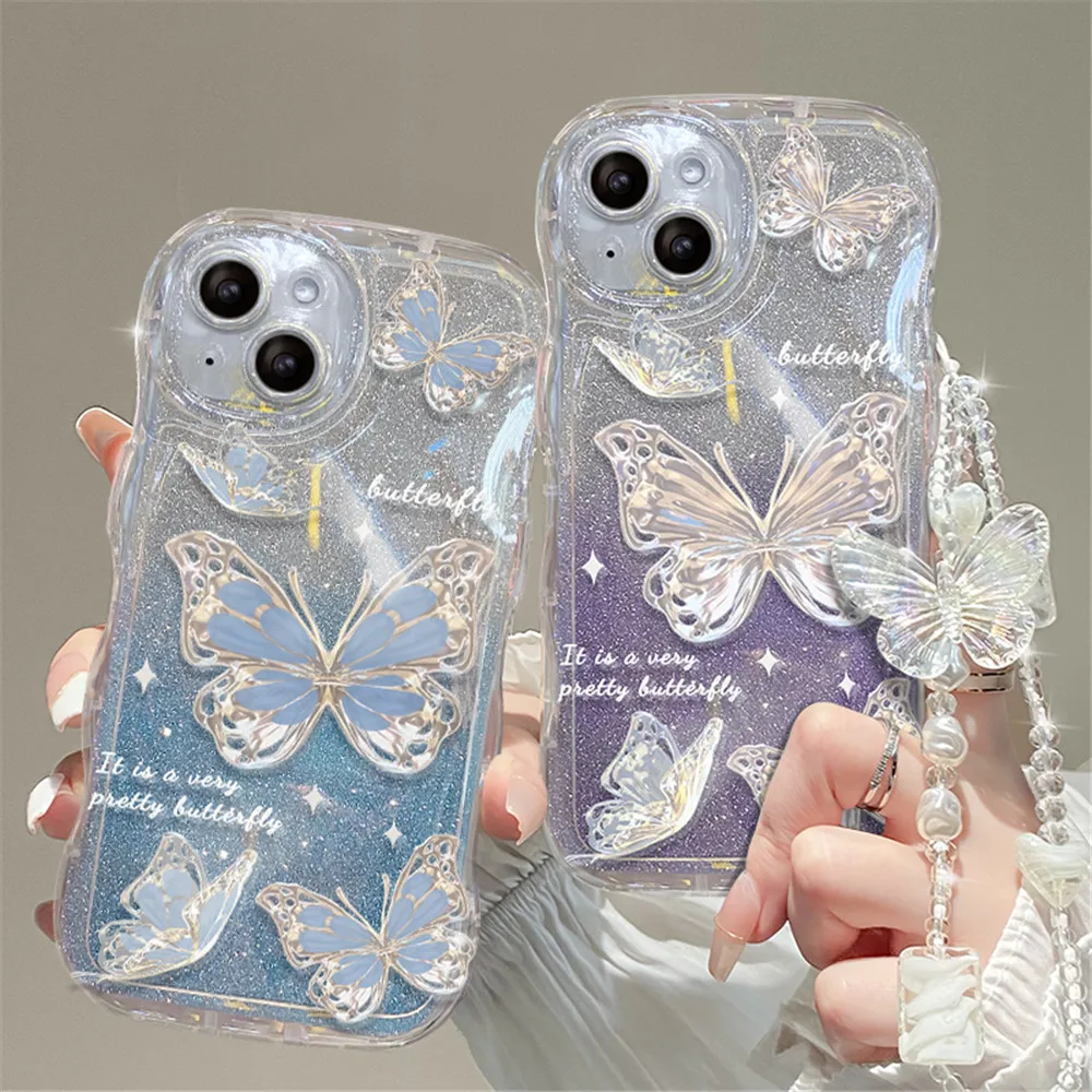 Luxury Butterfly Glitter Clear Soft Case For iPhone 15 14 13 12 11 Pro Max XR XS X 7 8 Plus Hang Chain Lanyard Silicone Cover