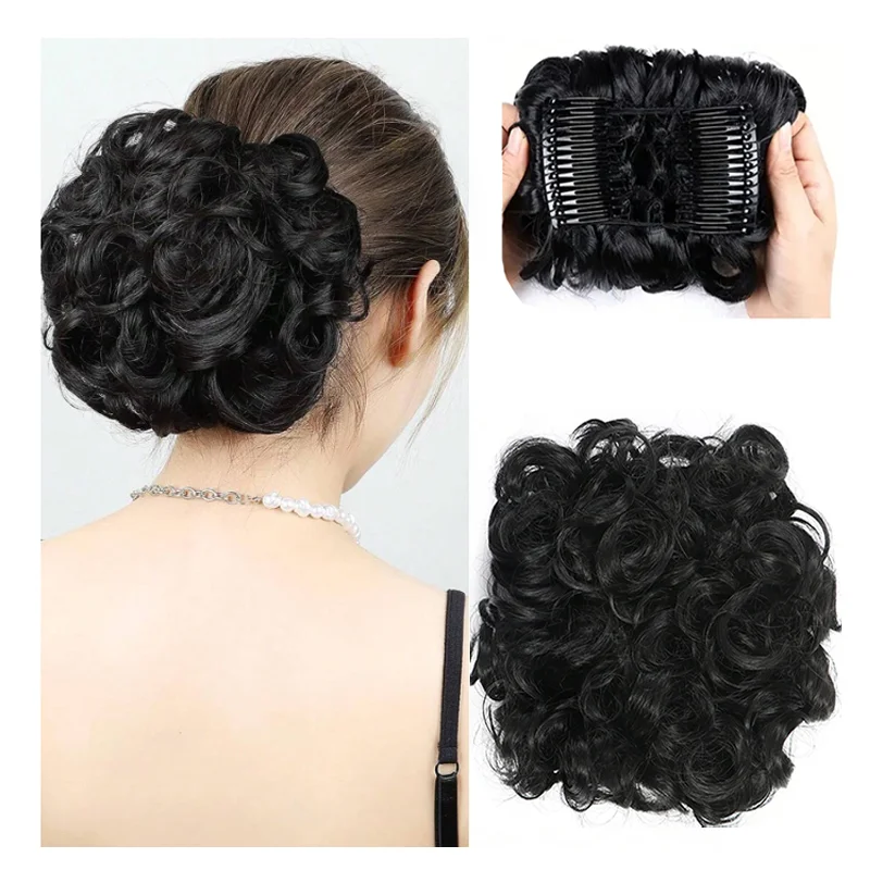 지저분한 헤어 번, 합성 가발, 신부 헤어 번, 포니테일 추가 긴 머리 번, 빗 가발, 신부 헤어 장식