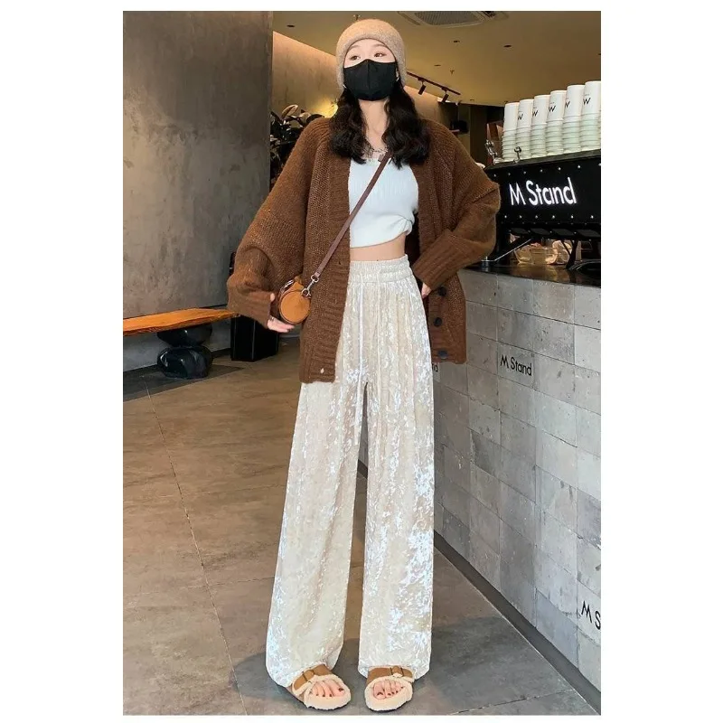 Trendy Wide Leg Pants Women Clothing Autumn Winter Gold Diamond Velvet Fabric Harajuku Straight Trouser Elastic High Waist Pants