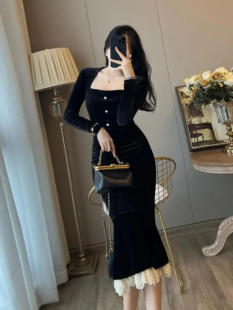 French Black Lace Patchwork Square Neck Wrap Hip Fishtail Dress Autumn Women Vintage Slim Evening Party Velvet Long Dresses 2024