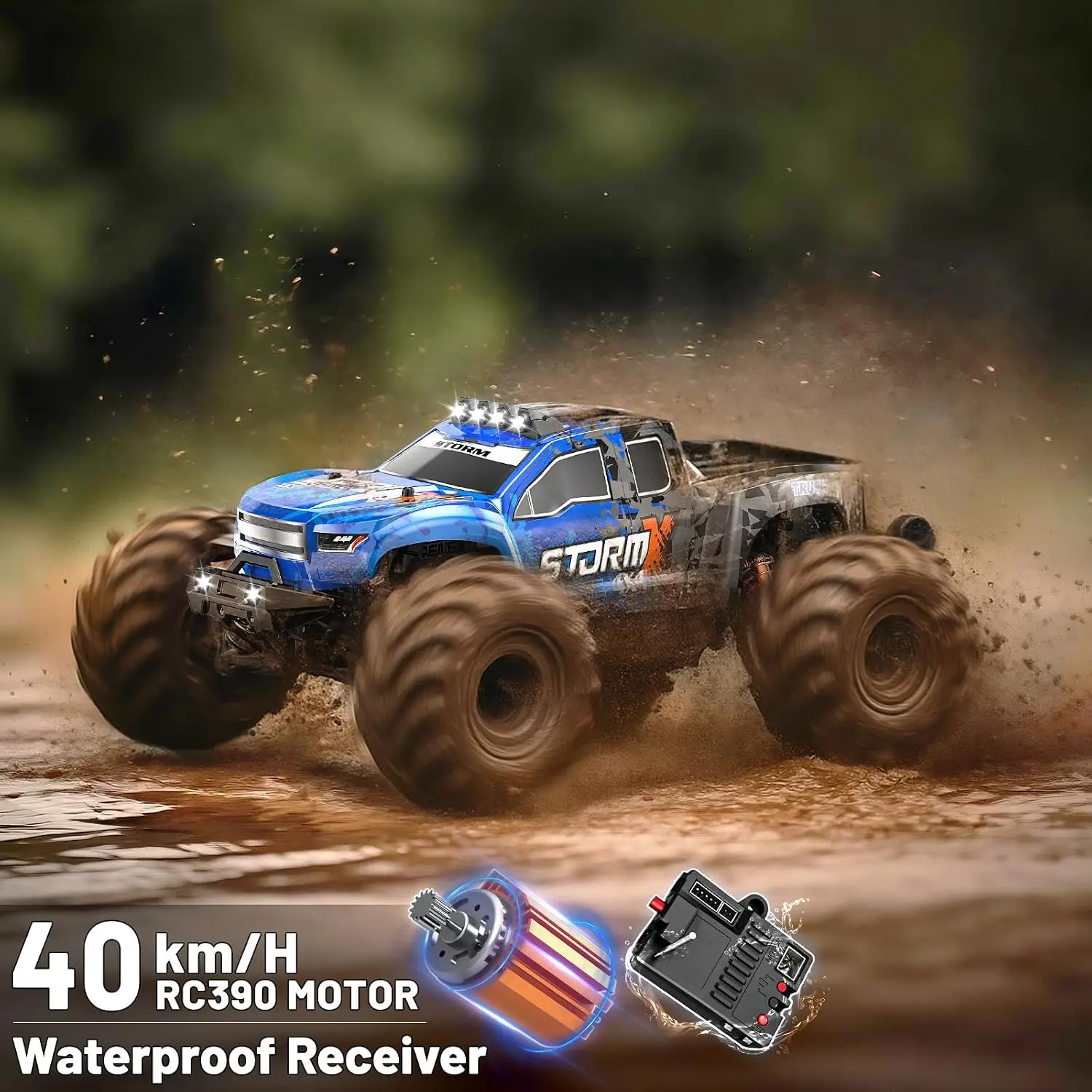 RC Cars 1:14 All Terrain Off-Road RC Truck, 4WD Fast Remote Control Car 40 KM/H, 4X4 Waterproof Monster Truck with 2×1300mAh Bat