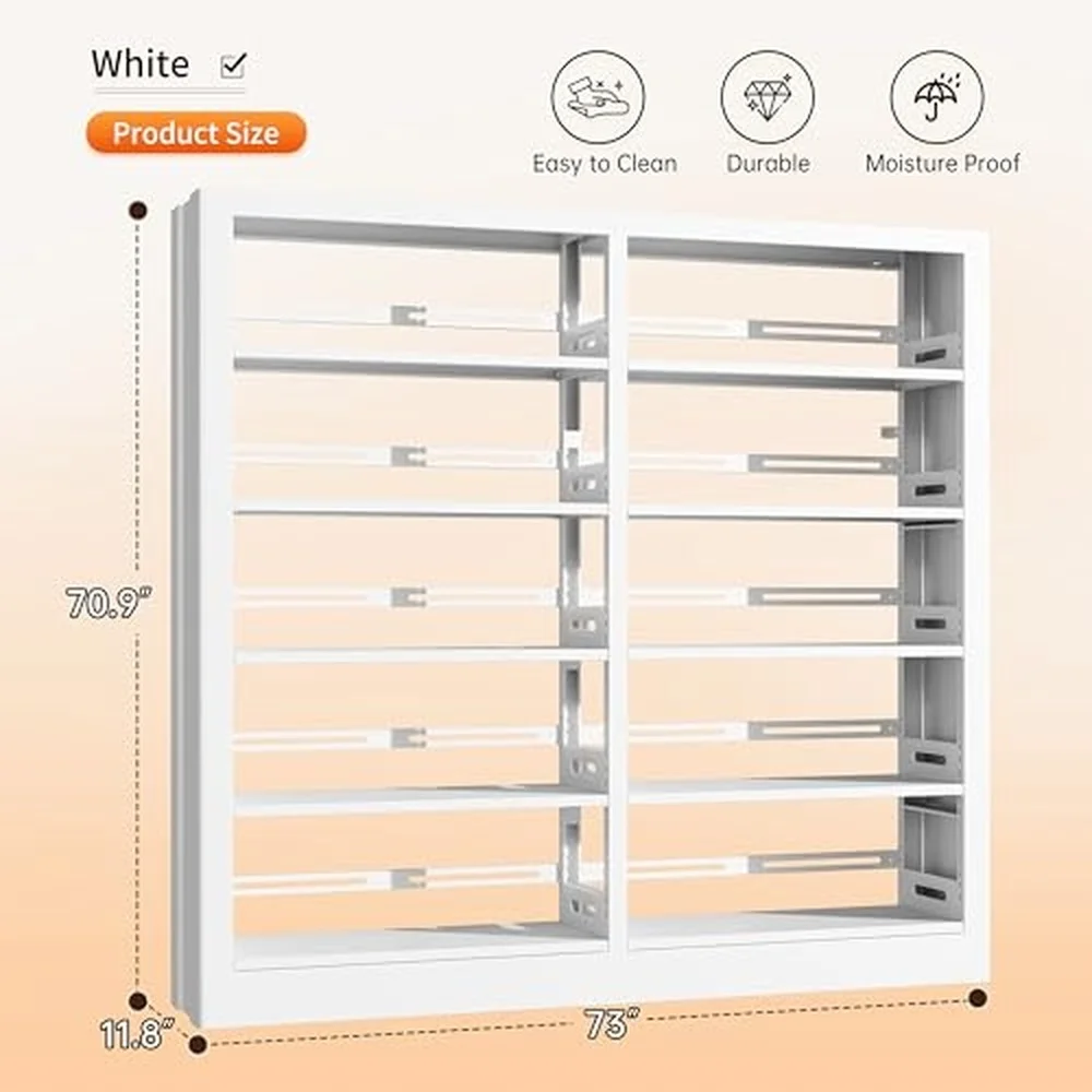 5 Tier Bookcase with Adjustable Storage Shelves Metal Bookshelf with Book Stopper Bookcase Shelf for Library Office