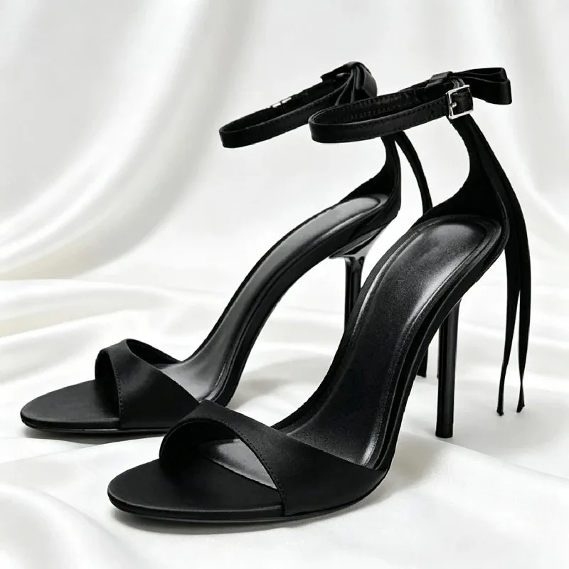 Sexy Black Ankle Strap Heeled Sandals Women Open Toe Bowknot Heel Thin High Designer Shoes Luxury Party Evening Dress High Heels
