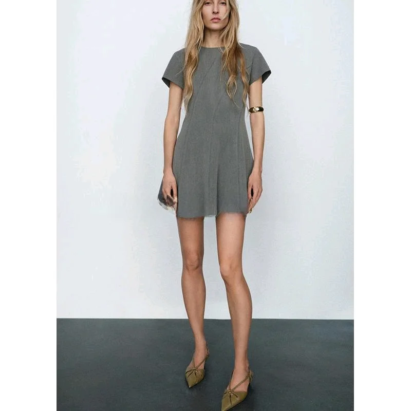 Spring New Arrival Women's round Ne ort Sve A-Line  Dr Sewing Line Decoration High Waist Knitted Polyester Fiber