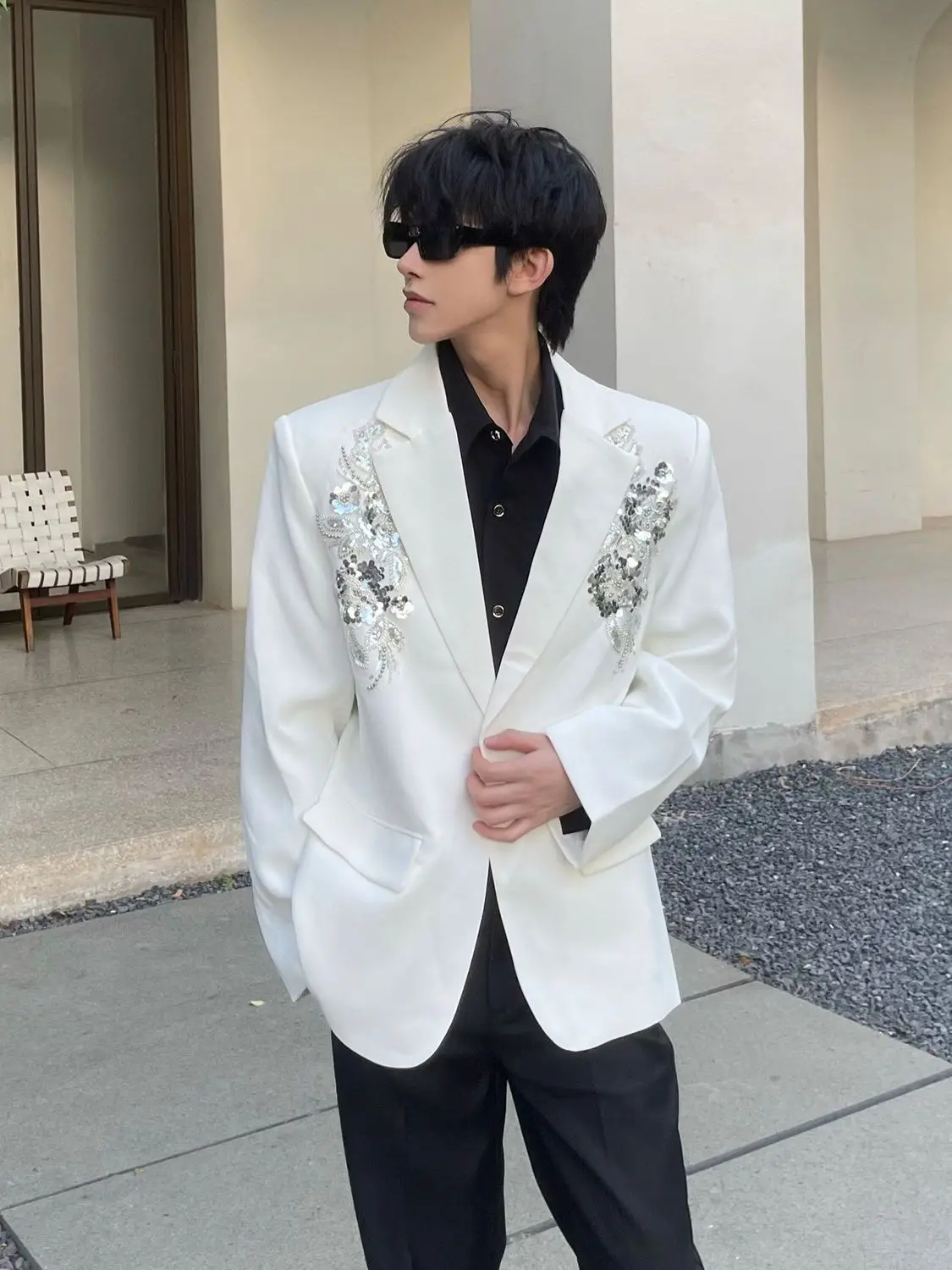 Men’s Niche Design Heavy Sequin Embroidered Blazer Coat Oversized Elegant Suit Jacket Trendy Fashion Long Sleeve Outerwear