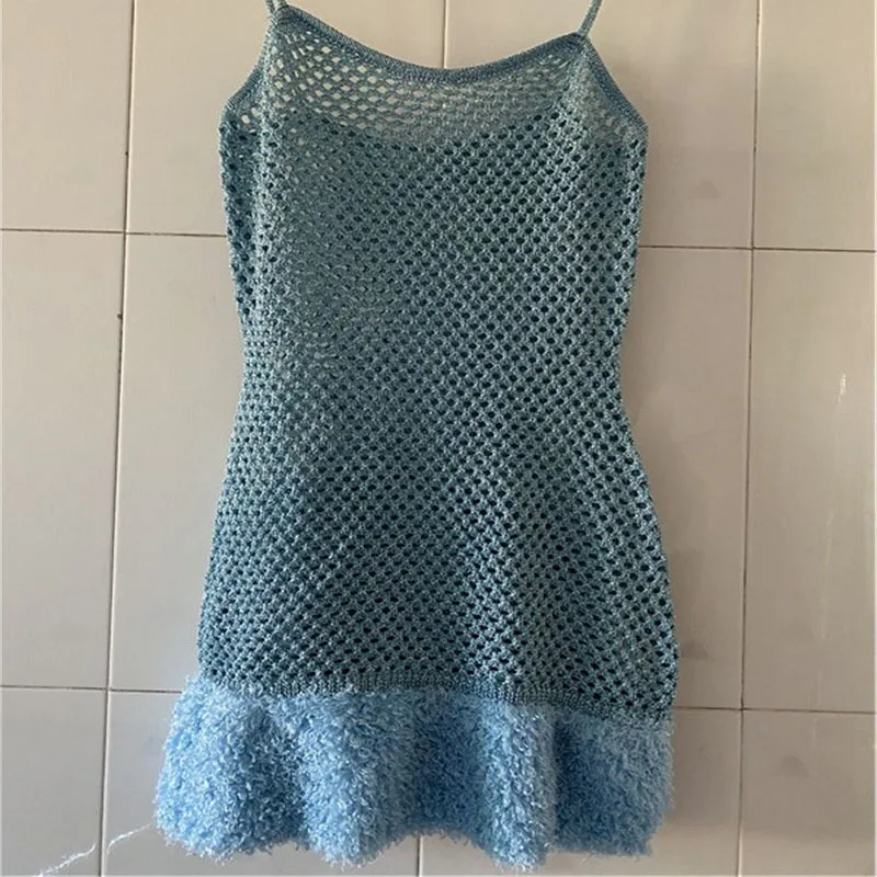 Spaghetti Strap Hollow Out See Through Mini Dress Summer Knitted Feathers Cover Ups Dress Sexy Sleeveless Beachwear Outfits