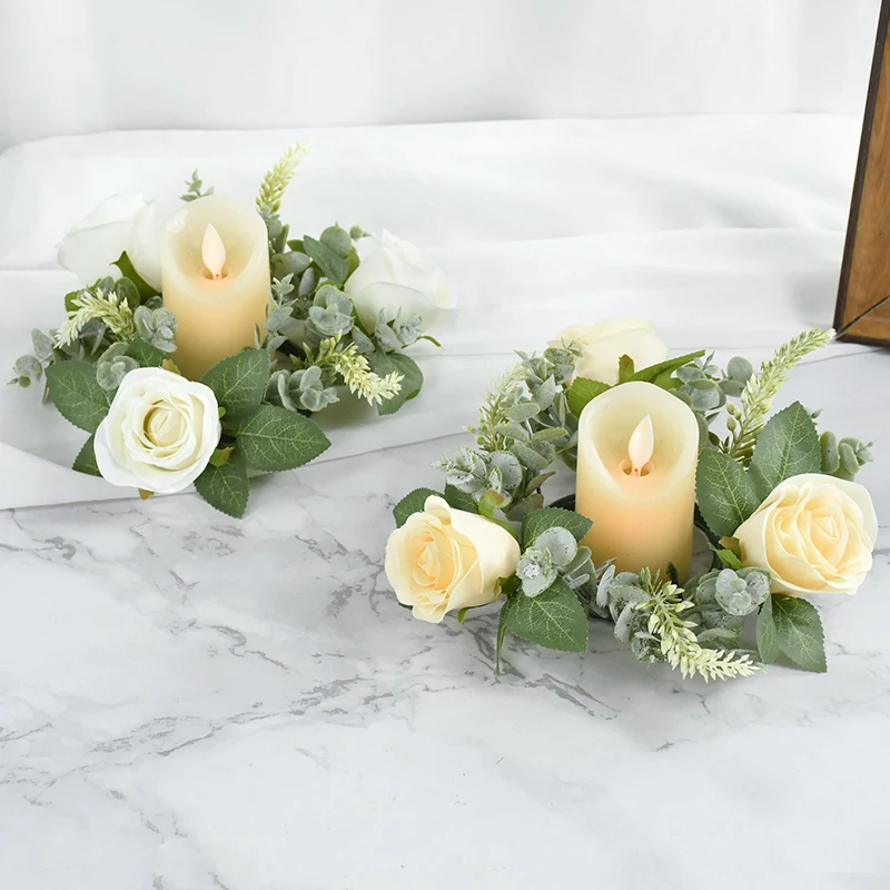 Candlestick Wreath Artificial Rose Garland Candle Ring Fake Flowers Wedding Ornaments for Home Table Wedding Arrangement Decor