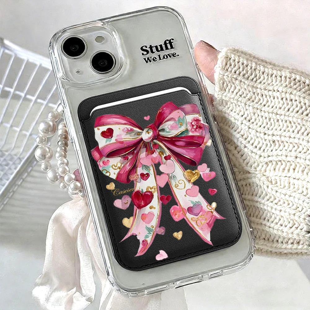 Coquet Rosa Schleife Leder-Kartenetui Handyhülle Kartenhalter Geeignet für alle iPhone-Hüllen Magsafe Magnetische Karten-Handy-Rückentasche – Detail 13