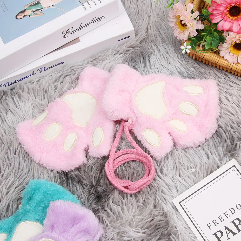 Children Cat Gloves Fashion Boys Girls Cat Claw Paw Plush Mittens Warm Soft Plush Short Fingerless Half Finger Winter Gloves