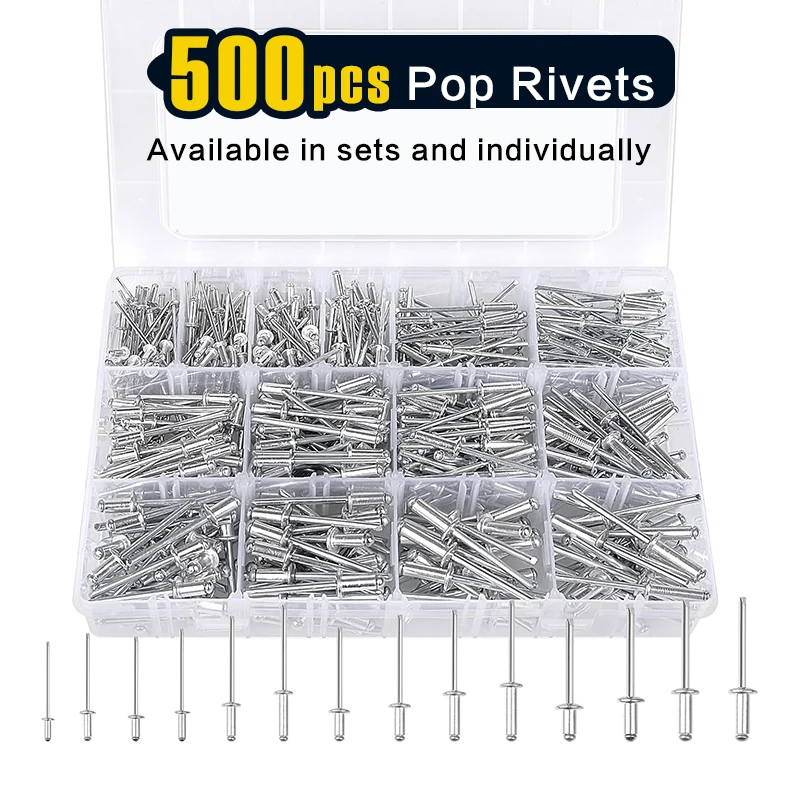 Kit surtido de remaches pop de 500 piezas, remaches ciegos de aluminio de 14 tamaños (3/32 "1/8" 5/32 "3/16") Remaches ciegos surtidos