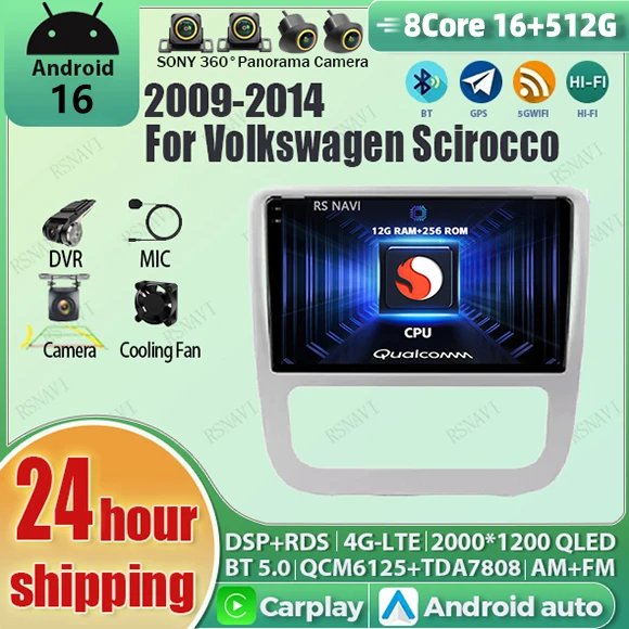Android 16 Carplay Auto Qualcomm 2K QLED Bildschirm Autoradio für Volkswagen Scirocco 2009-2014 GPS DSP Multimedia Stereo BT