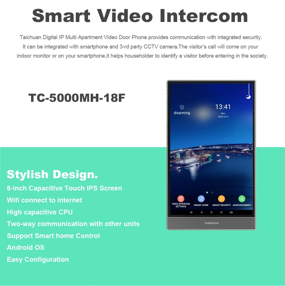 IP Video Intercom System taichuan android system 1080p 8 inch smart home apartment video intercom