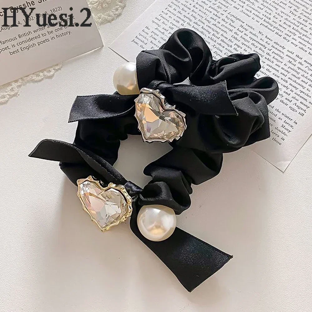 Luxury Zircon Heart Hair Ties Ropes High Elastic Big Pearl Ponytail Holder Scrunchies With Bowknot For Women Girls