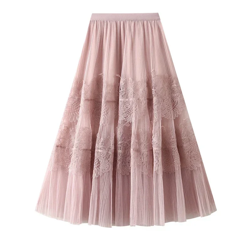 Jupe longue en dentelle patchwork pour femme, jupe en tulle, jupe midi plissée, jupe en maille, ligne A, taille haute, monochromatique, élégante, femme, printemps, été, 2024, L565