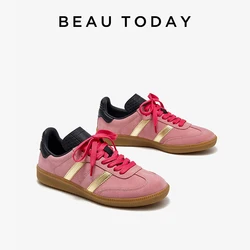BEAUTODAY Trendy Pink Sneakers Women Cow Suede Patchwork Leather Lace Up Casual Training Shoes Woman Handmade 29839