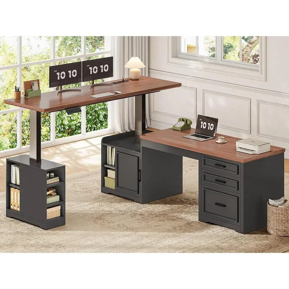 L-Shaped Electric Standing Desk, 63 x 67 Adjustable Height, Home Office Executive Desk with Drawers and Shelves, Black
