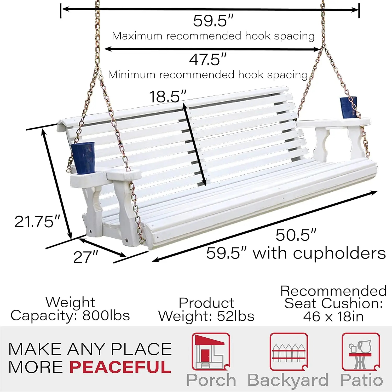 Amish Casual 4-Foot Roll Back Porch Swing Cup Holders Semi-Solid White Stain Amish Made in the USA From Treated Pine 700 Lb.