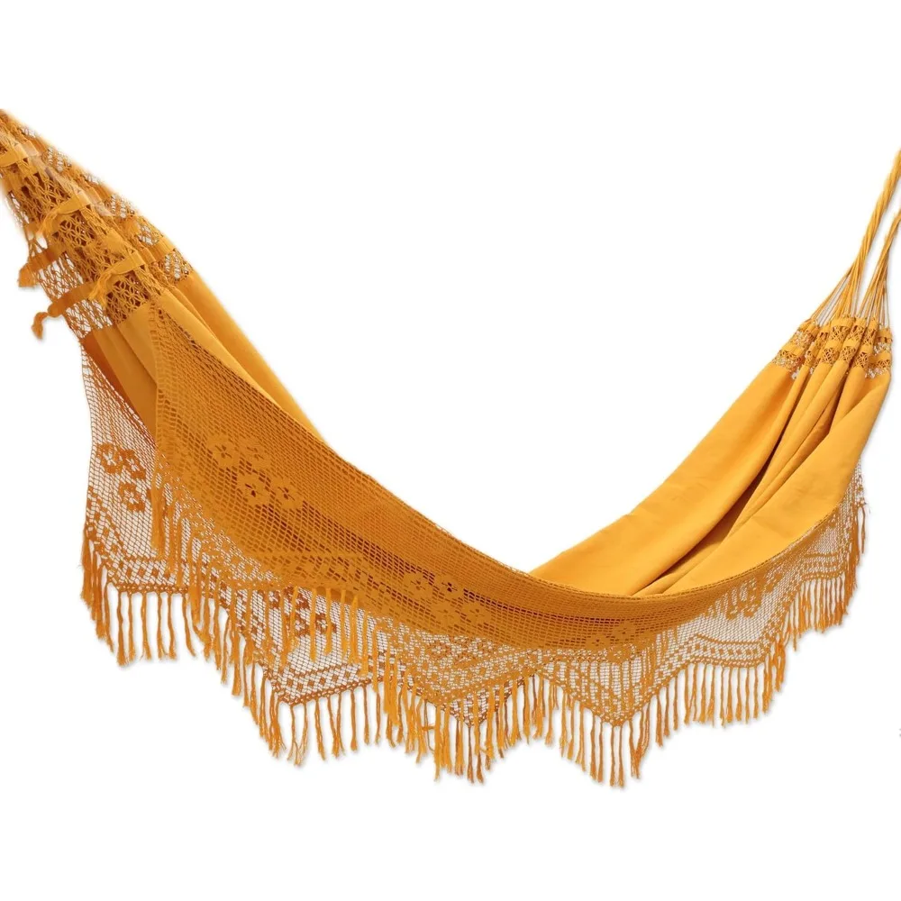 

Yellow Orange Cotton Fabric 2 Person XL Brazilian Crochet Fringe, 'Belem Sun' (Double) Hammock, One Size