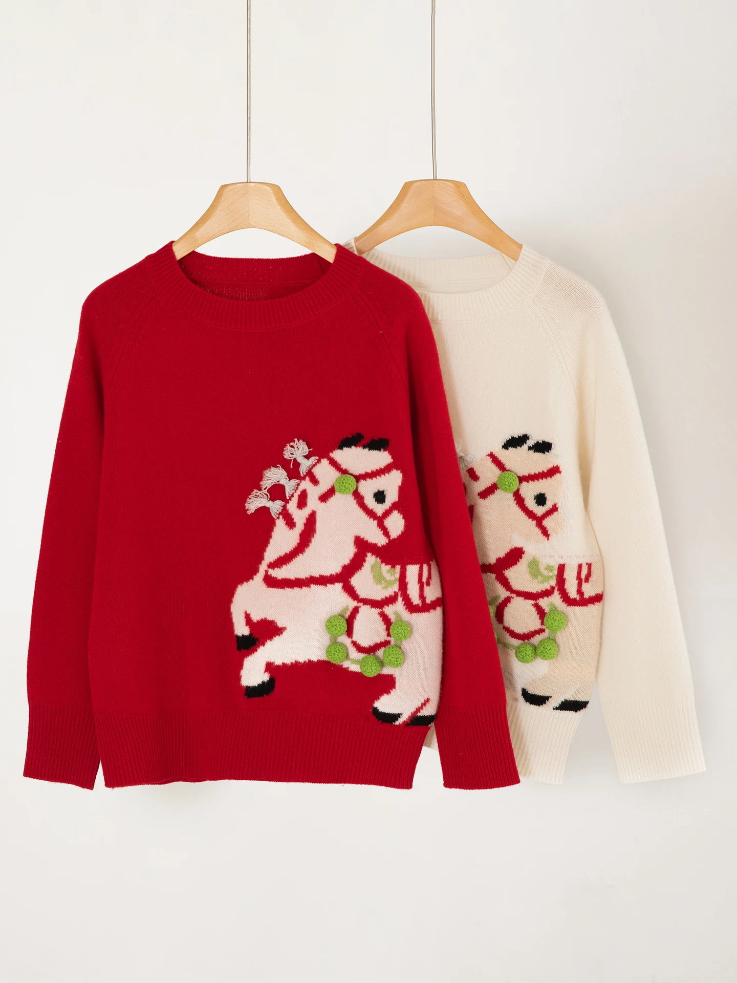 Frauen Reiner Wolle Pullover Pullover Herbst Winter Oansatz Soild Stickerei Jacquard Pony Lose Stricken Langarm Tops High-end