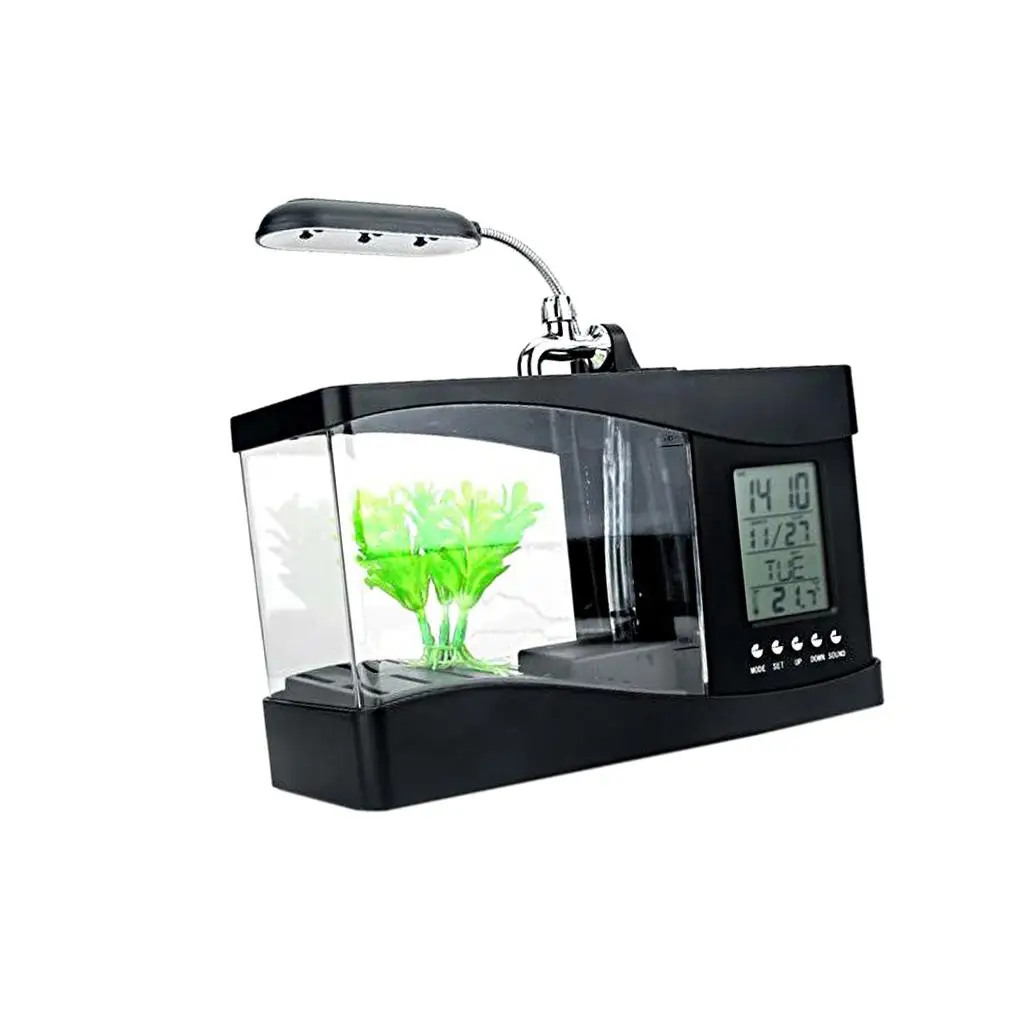 Mini USB Desktop Aquarium LCD Display Fish Tank Clock LED Lamp Light Black/ White