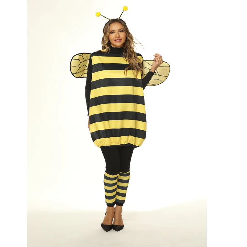 Xmas Costumes Women Halloween Cosplay Set Halloween Bee Dress with Wings Headband Leg Sleeves for Role-playing Accessories