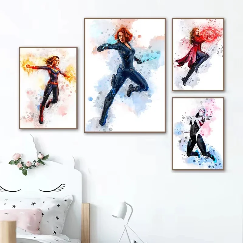 Female Superheroes Art Prints Canvas Painting Black Widow Spider Gwen Scarlet Witch Poster Girls Room Wall Decor