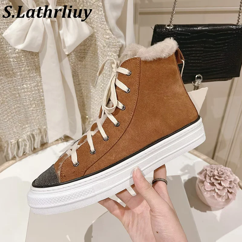 

Winter Metal Bead Decorative Suede Short Boots Women's Wool Lining Thick Sole Lace Up Ankle Botas Warm Real Wool Snow Boots