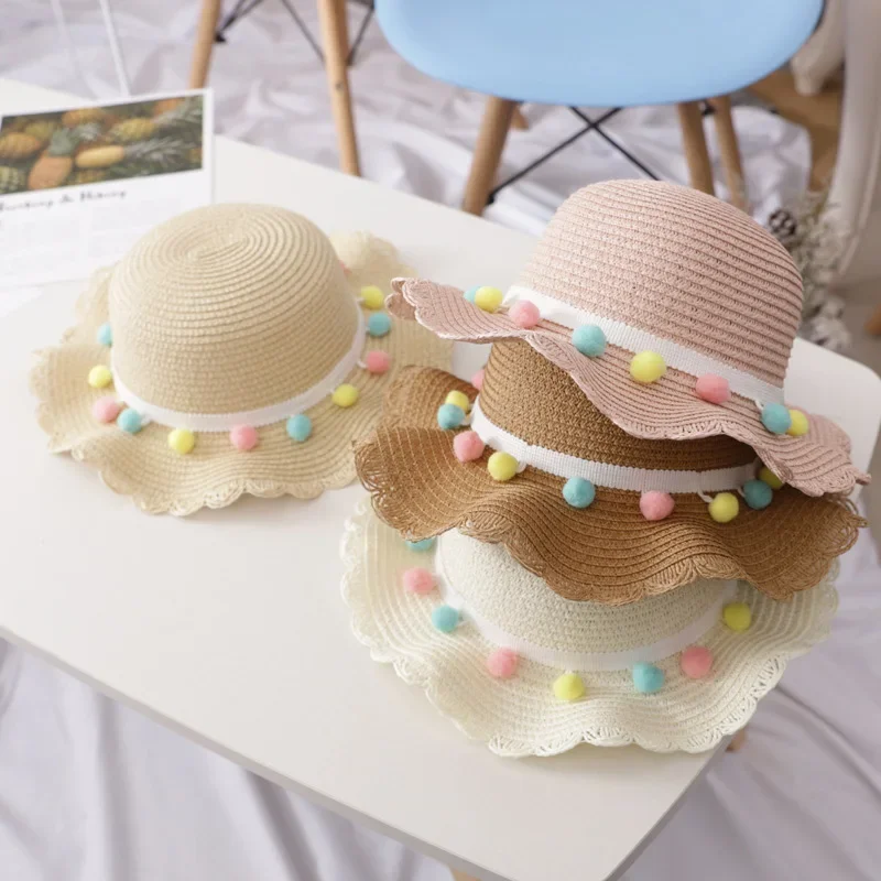 Bear Learder Girl Hat 2023 Summer Cap Breathable Straw Hats Colorful Ball Sweet Princess Hat Seaside With Bag Kids Hats 2-6Y