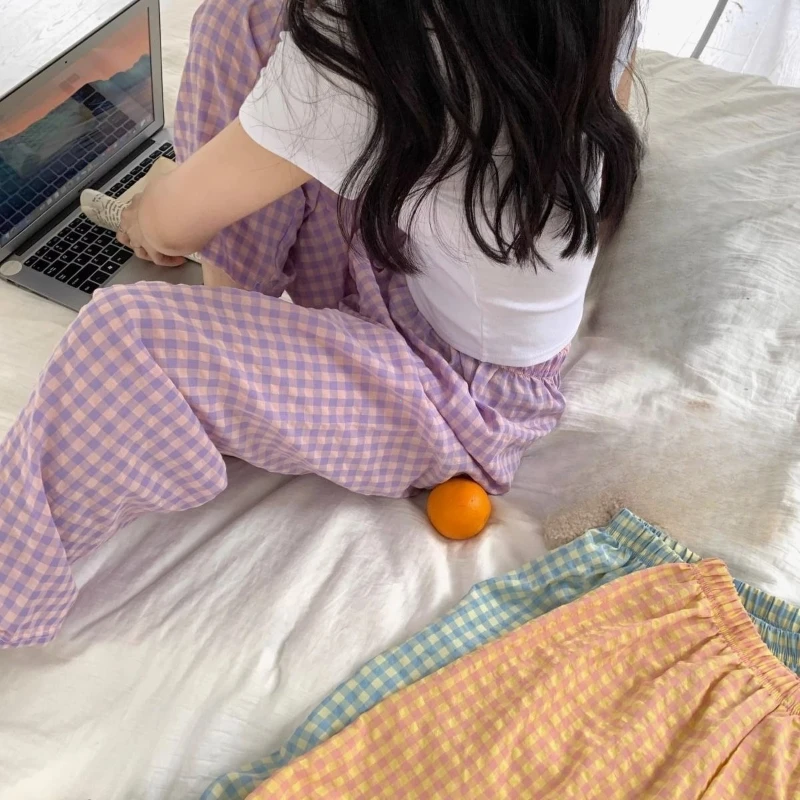 Nuevos pantalones sueltos de verano a cuadros, pantalones finos Ins versión coreana de pantalones de algodón para el hogar, pantalones de pijama informales, pantalones de pierna ancha