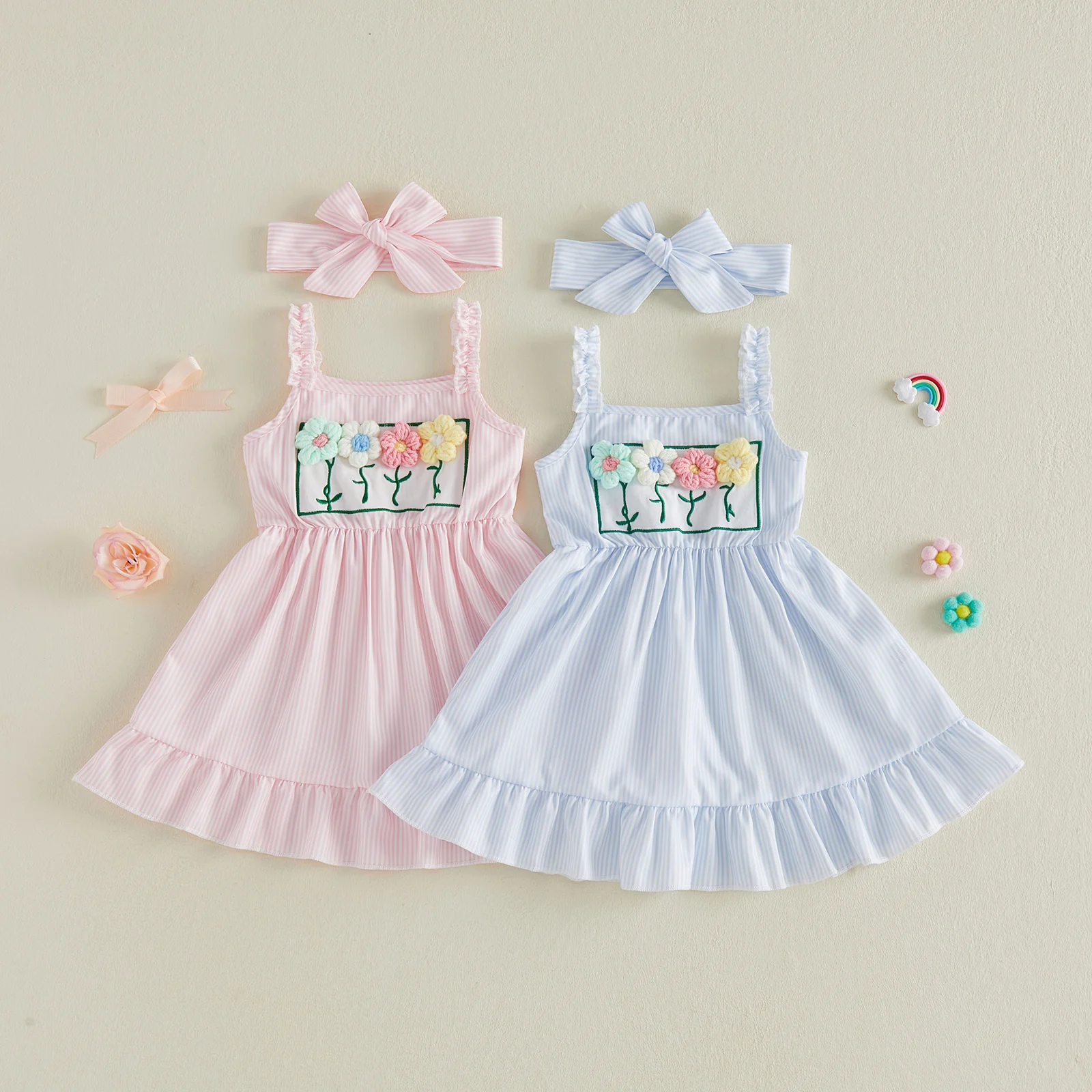 1-4Y Toddler Baby Girl Summer Dress Decorative Flower Striped Ruffled Trim Sleeveless A Line Dress Bow Headband 2 Pcs Set