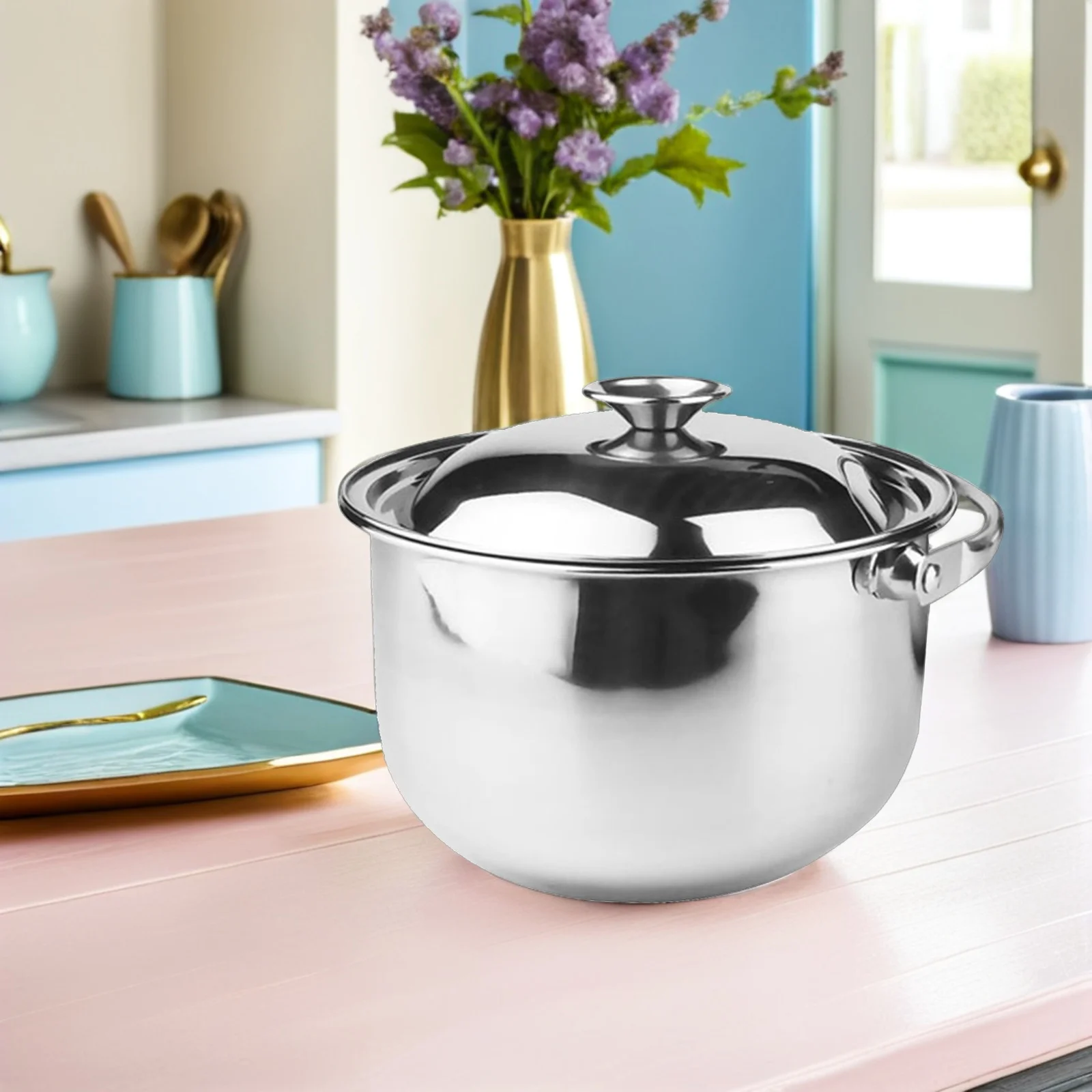 

Stainless Steel Soup Pot Lid Multipurpose Cooking Pot Fast Heat Conduction Handle Safe Stewing Home Kitchenware